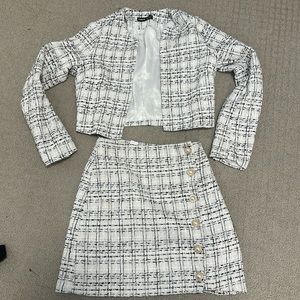Tweed black and white pattern - matching skirt and crop jacket set